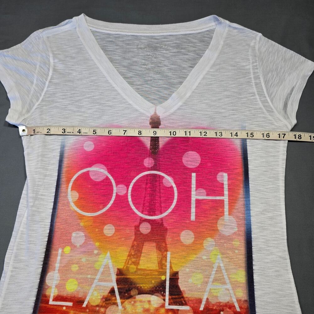 Aeropostale White Eiffel Tower Printed Shirt Classic Tee Women Size L Cap Sleeve - Picture 8 of 11